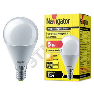 Лампа светодиодная LED 5вт E14 теплая шар (94476 NLL-P-G45)