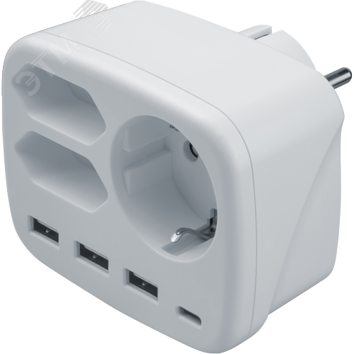 Разветвитель NAD-USB03-1E+2X-WH 1 розетка с/з + 2 розетки б/з 3xUSB-A + 1xUSB-C - фото 1