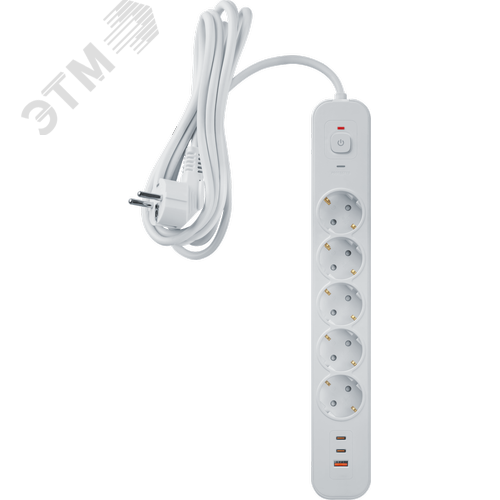 Сетевой фильтр NSP-USB-05-150-ESC-3x1-PD20W 5 розеток с/з 1,5м ПВС 3х1мм 1хUSB-A+2xUSB-C быстрая зарядка - фото 1