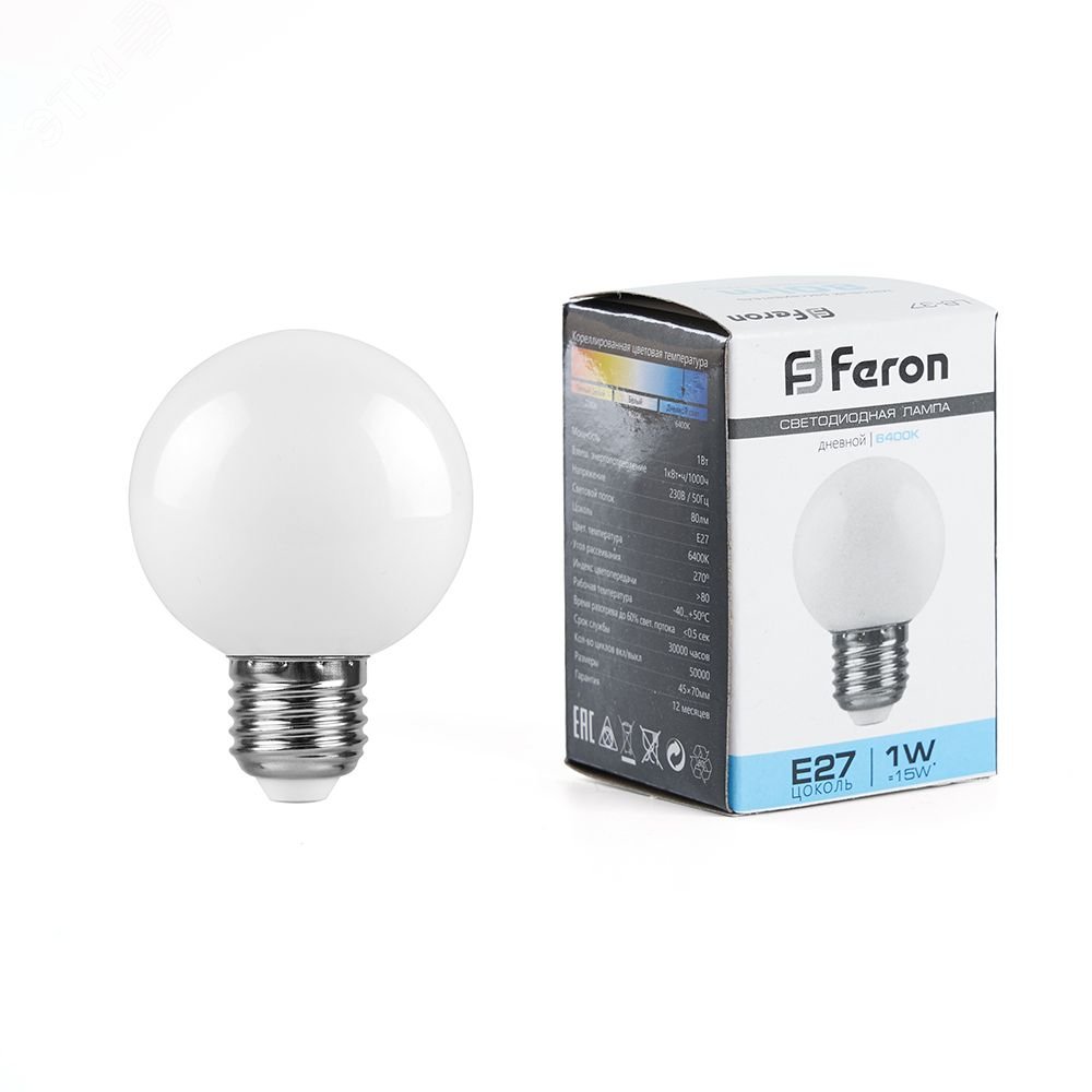 Лампа светодиодная LED 1вт Е27 белый 6400К (шар) LB-37 FERON - превью