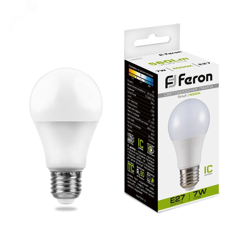 Лампа светодиодная LED 7вт Е27 белая LB-91 FERON - превью