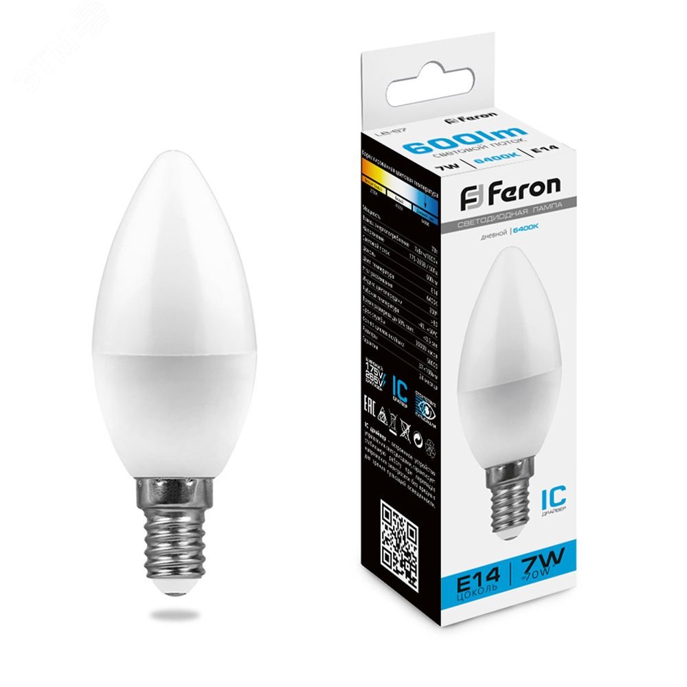 Лампа светодиодная LED 7вт E14 дневной матовая свеча LB-97 FERON - превью