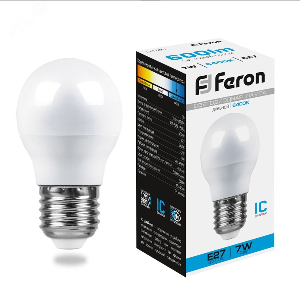 Изображение товара Лампа светодиодная LED 7Вт Е27 дневной шар Feron LB-95