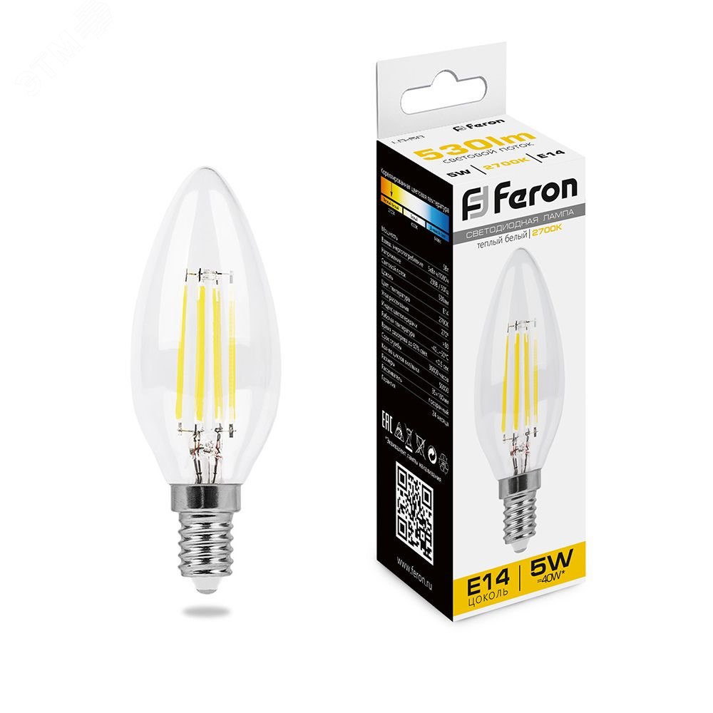 Лампа светодиодная LED 5вт Е14 теплый свеча FILAMENT LB-58 FERON - превью