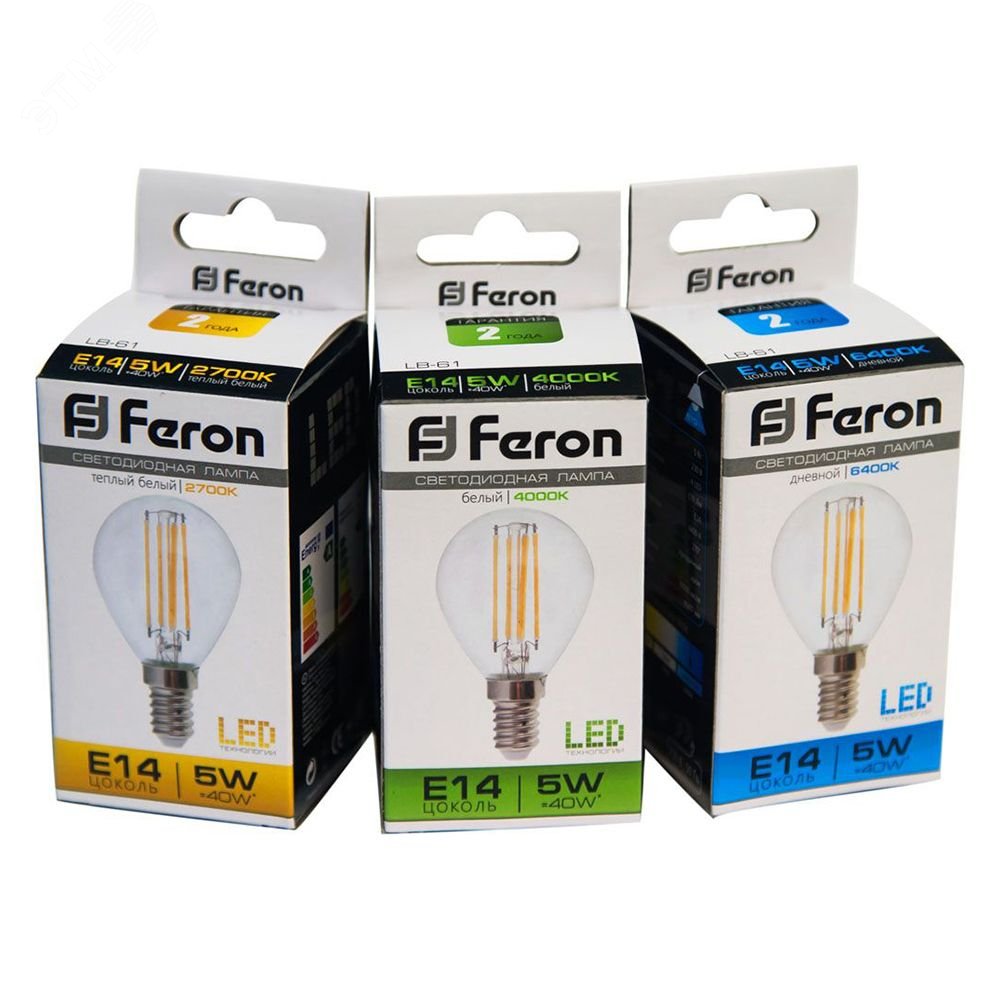 Лампа светодиодная LED 5вт Е14 белый шар FILAMENT LB-61 FERON - превью 4