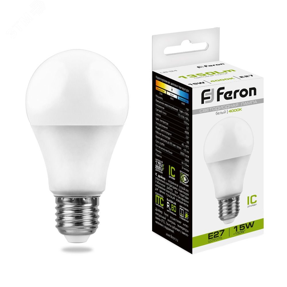 Лампа светодиодная LED 15вт Е27 белый LB-94 FERON