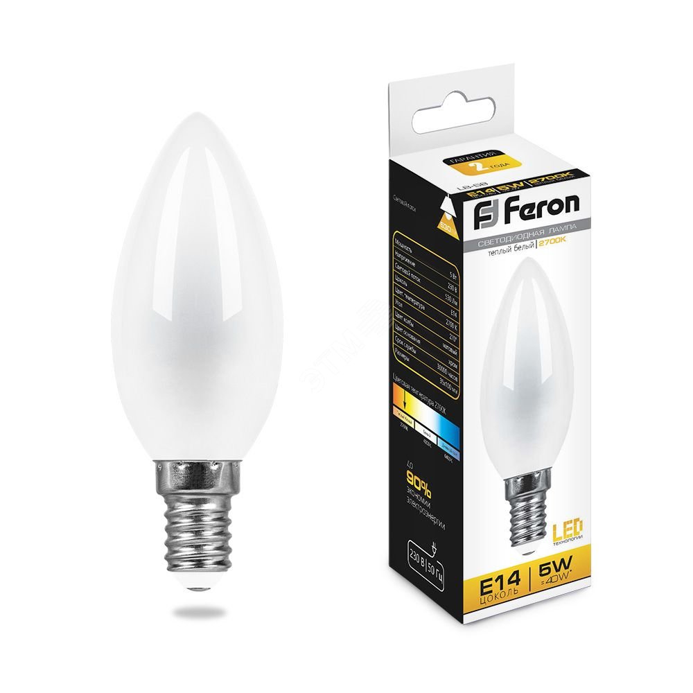 Лампа светодиодная LED 5вт Е14 теплый матовая свеча FILAMENT LB-58 FERON - превью