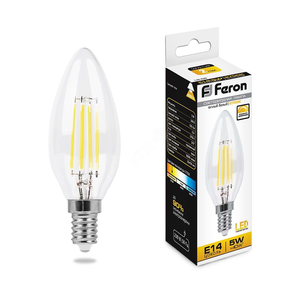 Лампа светодиодная LED 5вт Е14 теплый свеча FILAMENT диммируемая LB-68 FERON - превью