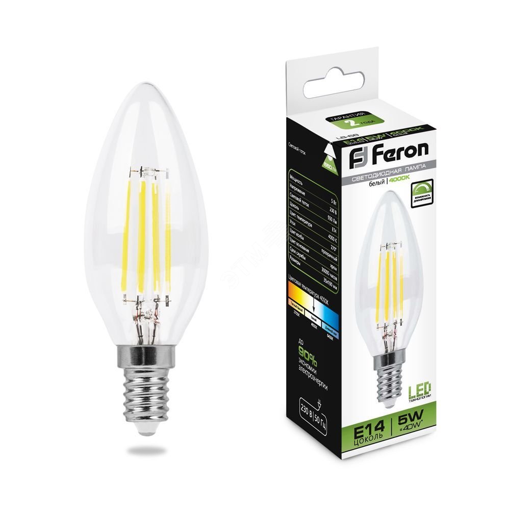 Лампа светодиодная LED 5вт Е14 белый свеча FILAMENT диммируемая LB-68 FERON - превью