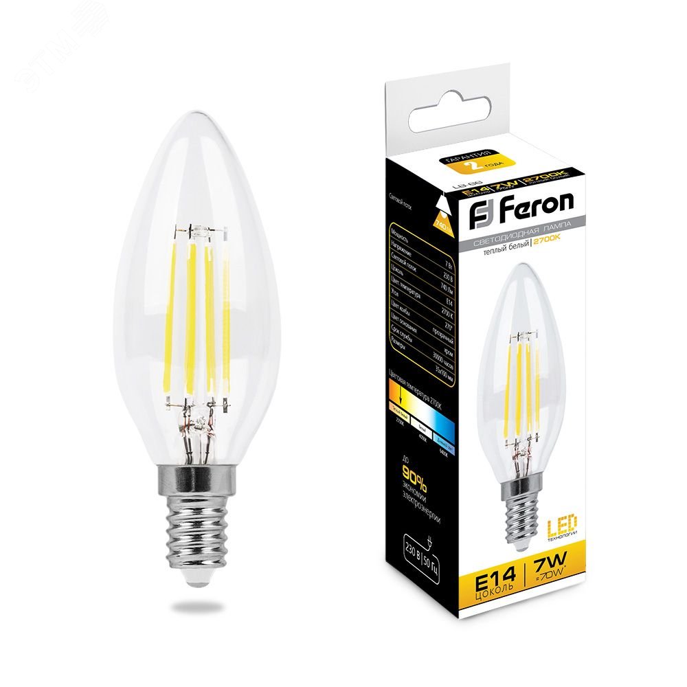 Лампа светодиодная LED 7вт Е14 теплый свеча FILAMENT LB-66 FERON - превью