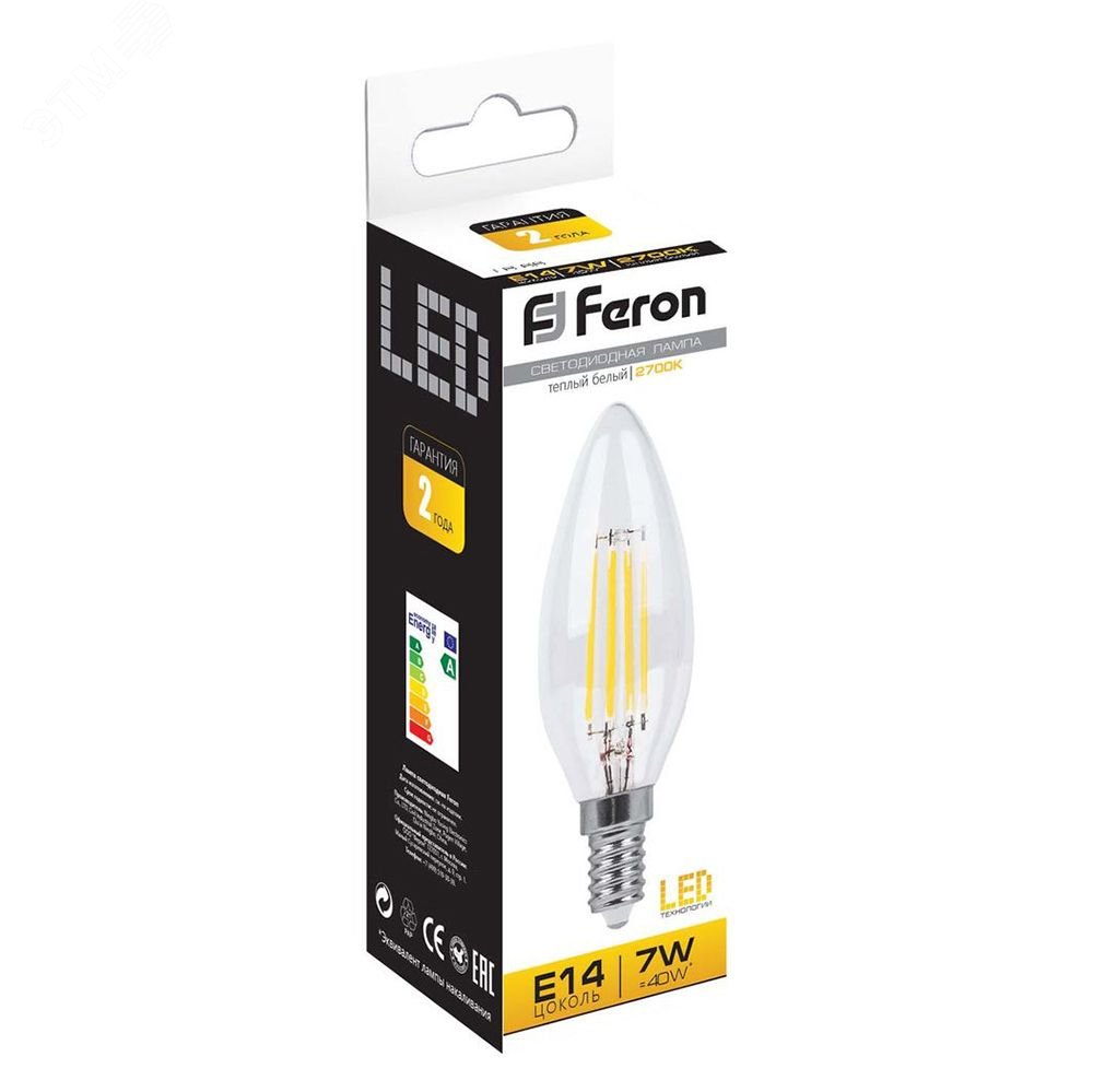 Лампа светодиодная LED 7вт Е14 теплый свеча FILAMENT LB-66 FERON - превью 3