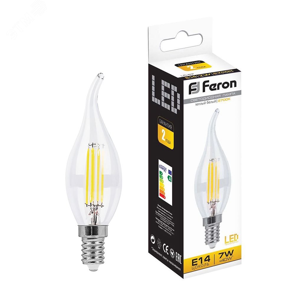 Лампа светодиодная LED 7вт Е14 теплый свеча на ветру FILAMENT LB-67 FERON - превью