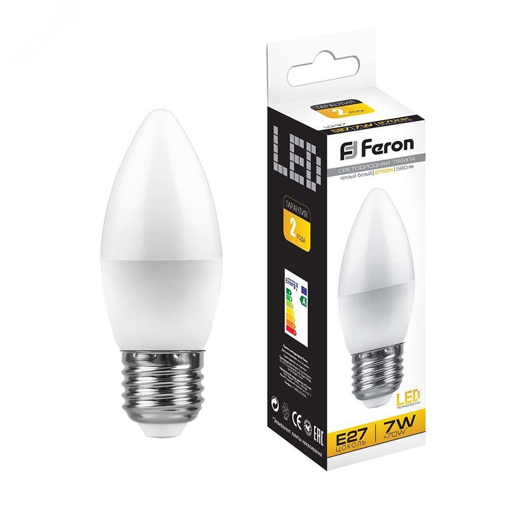 Лампа светодиодная LED 7вт E27 теплый матовая свеча LB-97 FERON - превью