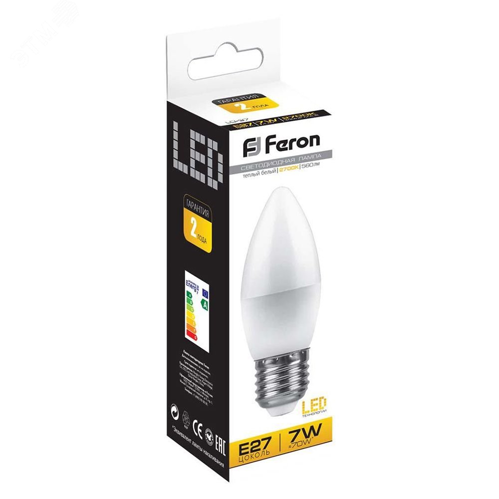 Лампа светодиодная LED 7вт E27 теплый матовая свеча LB-97 FERON - превью 3