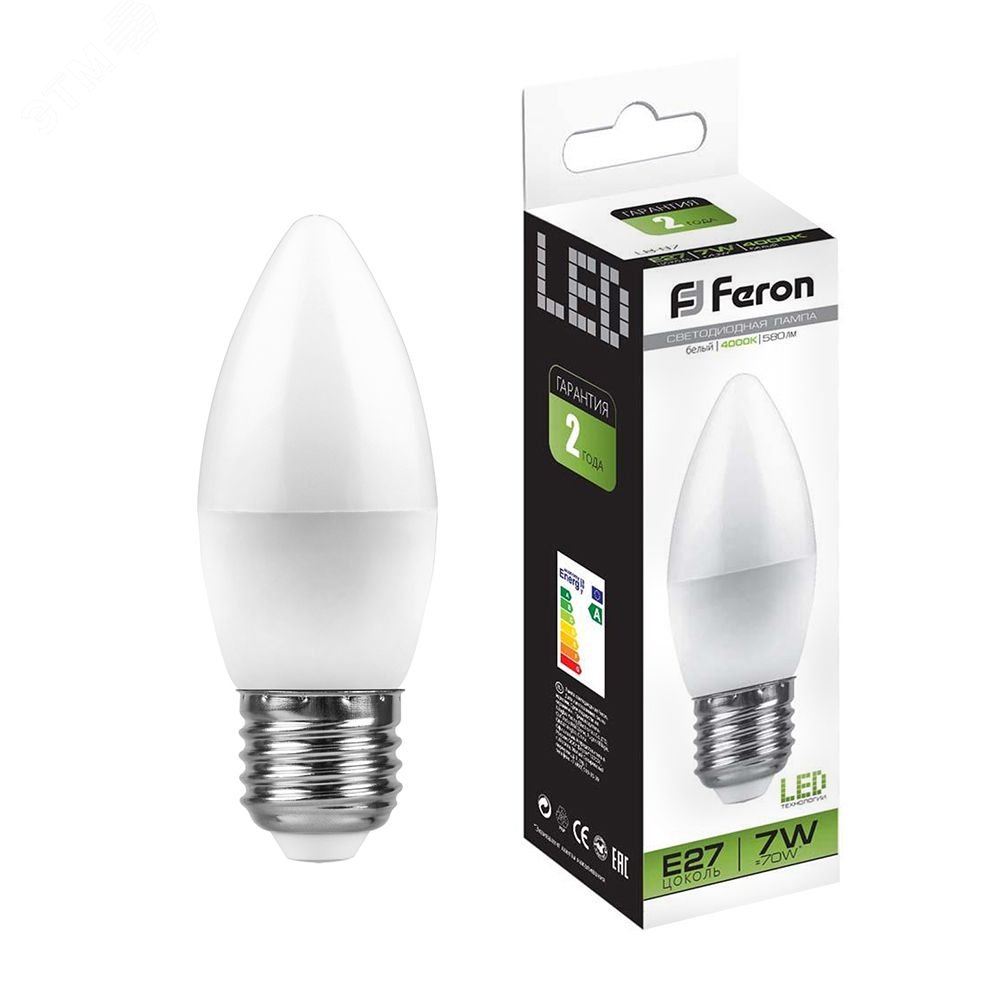 Лампа светодиодная LED 7вт Е27 белый матовая свеча LB-97 FERON - превью