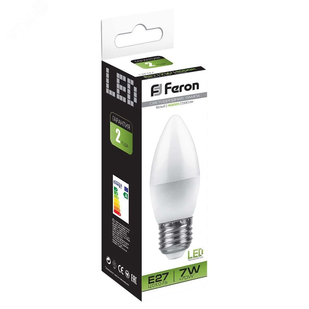 Лампа светодиодная LED 7вт Е27 белый матовая свеча LB-97 FERON - превью 3