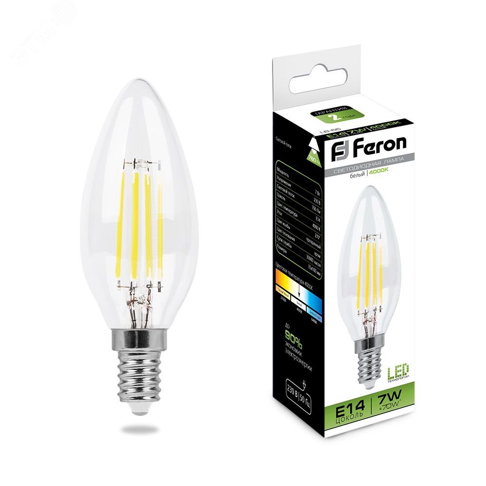 Лампа светодиодная LED 7вт Е14 белый свеча FILAMENT LB-66 FERON - превью