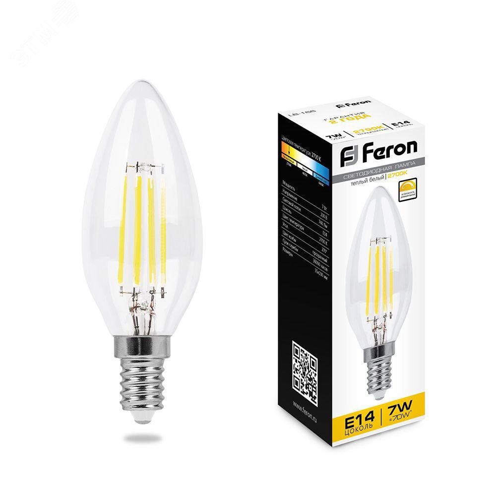 Лампа светодиодная LED 7вт Е14 теплый свеча FILAMENT диммируемая LB-166 FERON - превью