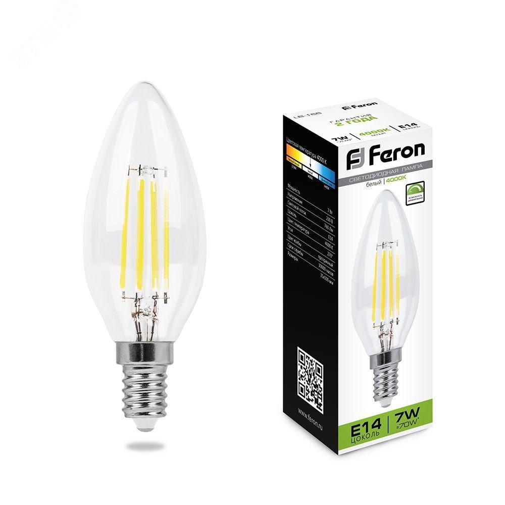 Лампа светодиодная LED 7вт Е14 белый свеча FILAMENT диммируемая LB-166 FERON - превью