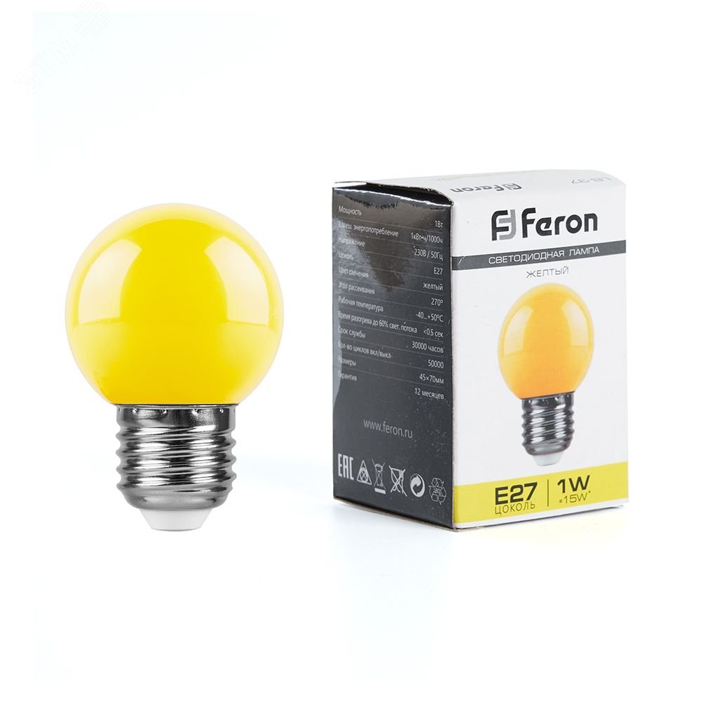 Лампа светодиодная LED 1вт Е27 желтый (шар) LB-37 FERON - превью