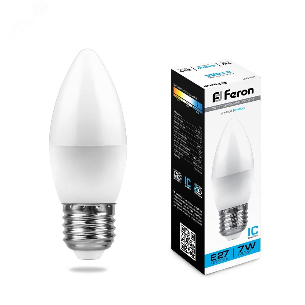 Лампа светодиодная LED 7вт E27 дневной матовая свеча LB-97 FERON - превью