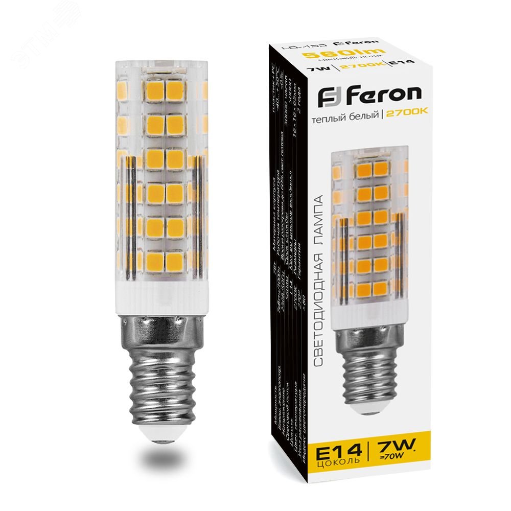 Лампа светодиодная LED 7вт Е14 теплый прозрачный цилиндр LB-433 FERON - превью