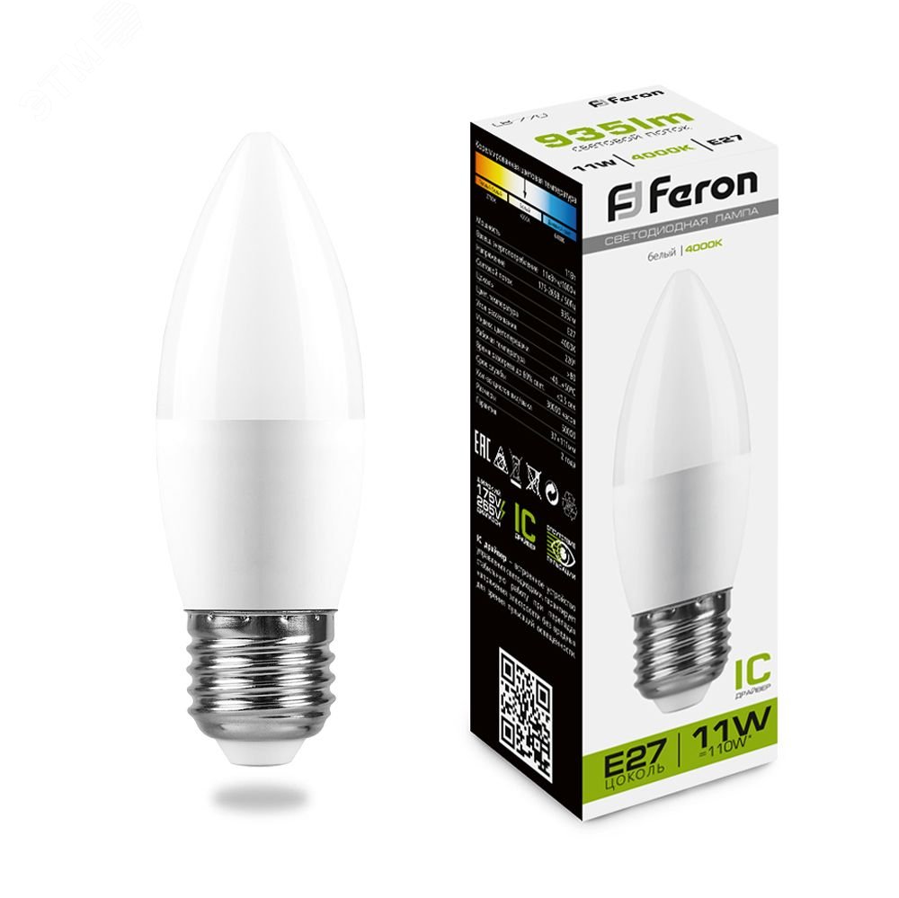 Лампа светодиодная LED 11вт Е27 белый матовая свеча LB-770 FERON - превью
