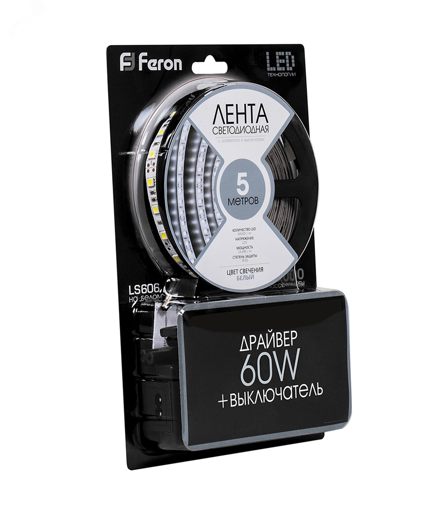 Лента светодиодная LEDх60/м 3м 14.4w/m драйвер 12в дневной LS606 FERON - превью 2