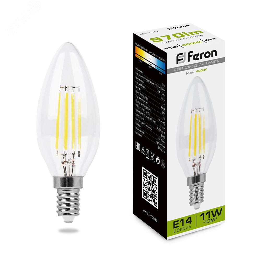 Лампа светодиодная LED 11вт Е14 белый свеча FILAMENT LB-713 FERON - превью
