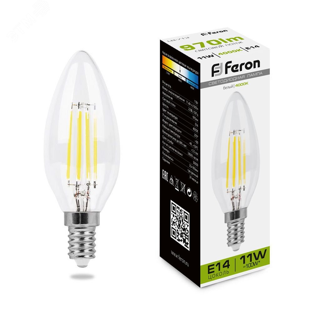 Изображение товара Лампа светодиодная LED 11Вт E14 FILAMENT белый свеча 4000K FERON LB-713