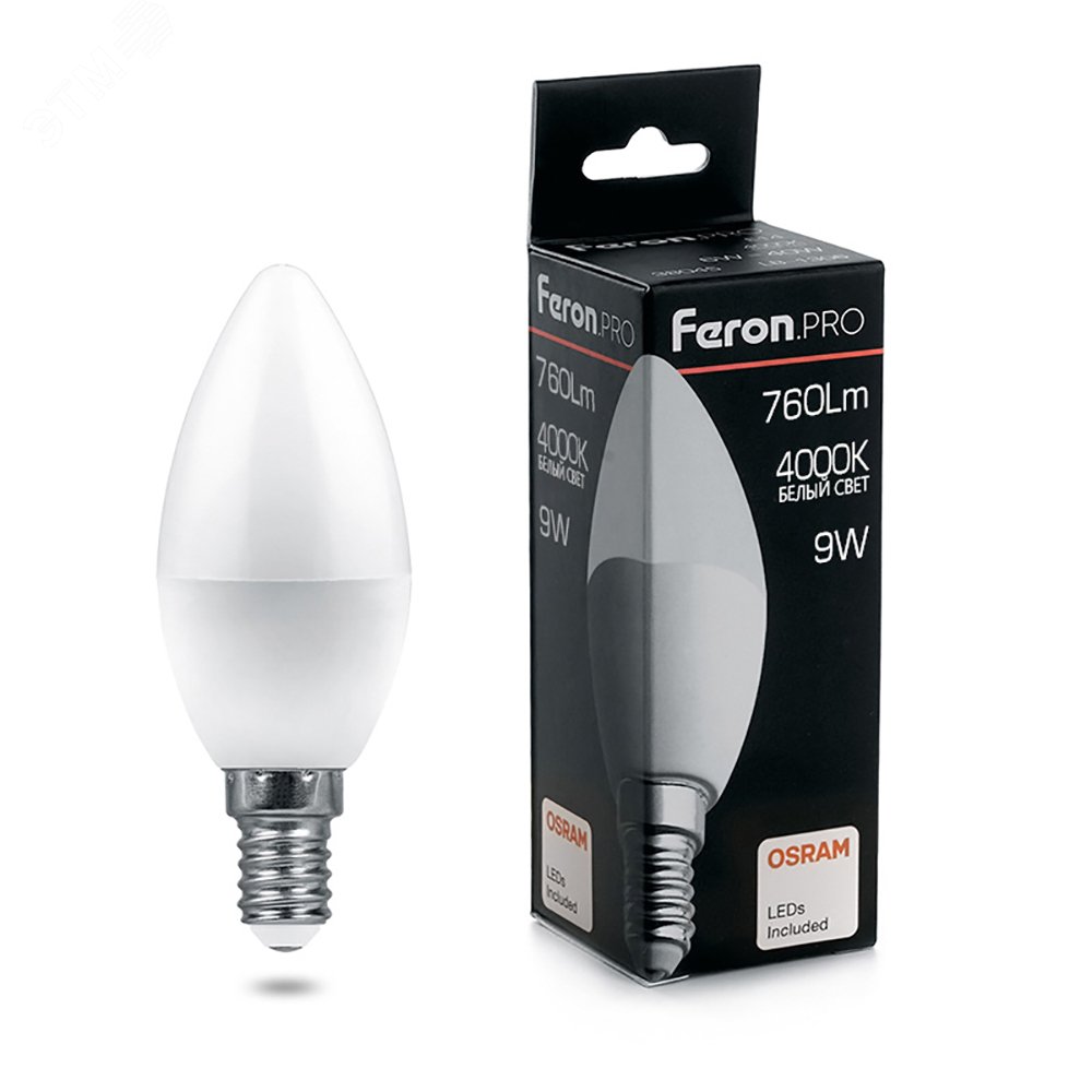 Лампа светодиодная LED 9вт Е14 белый матовая свеча Feron.PRO OSRAM (LB ...