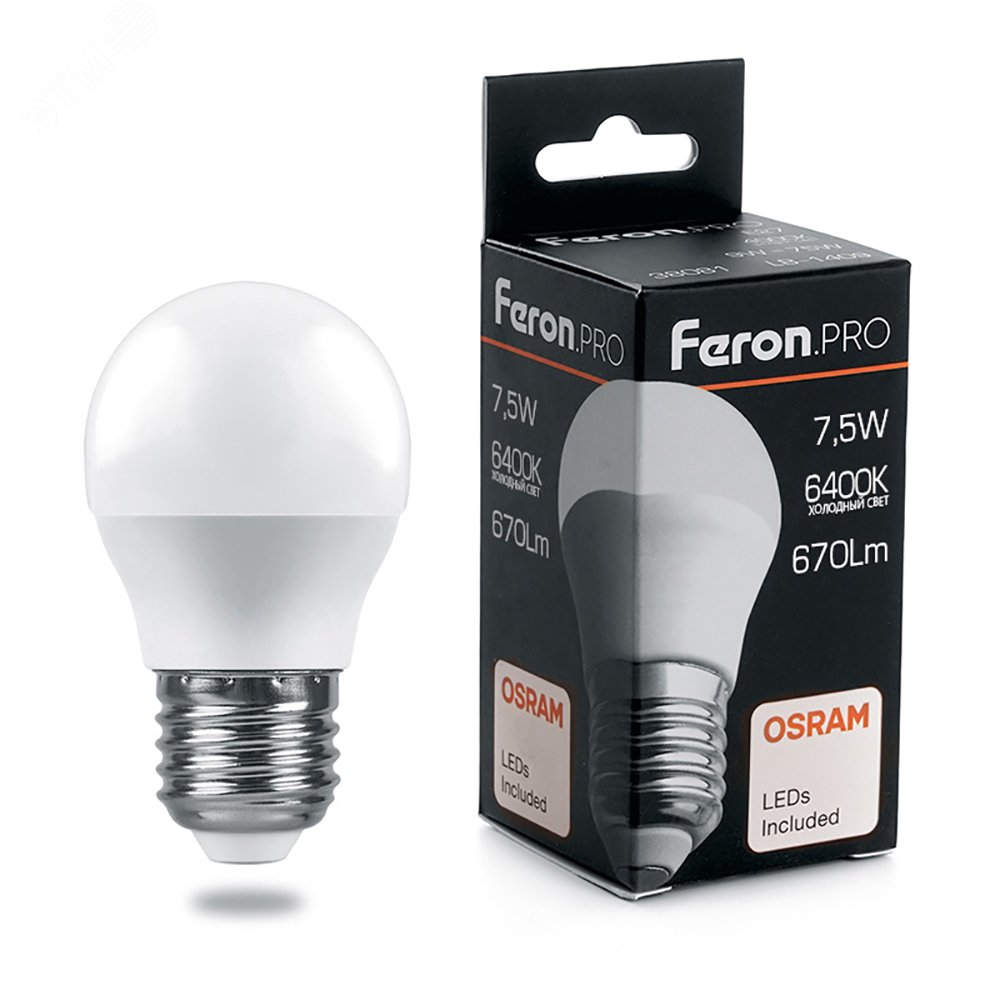 Изображение товара Лампа светодиодная LED 7.5вт Е27 дневной матовый шар Feron.PRO (шт)