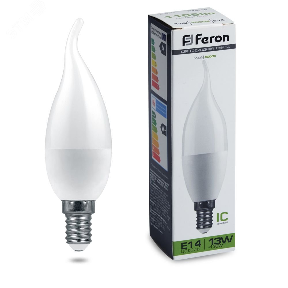 Лампа светодиодная LED 13вт Е14 белый матовая свеча на ветру LB-970 FERON - превью