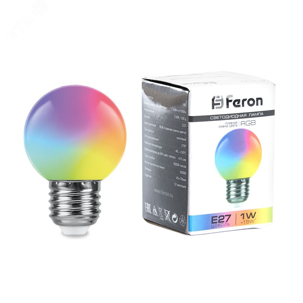 Лампа светодиодная LED 1вт Е27 RGB плавная смена цвета шар LB-37 FERON - превью 2