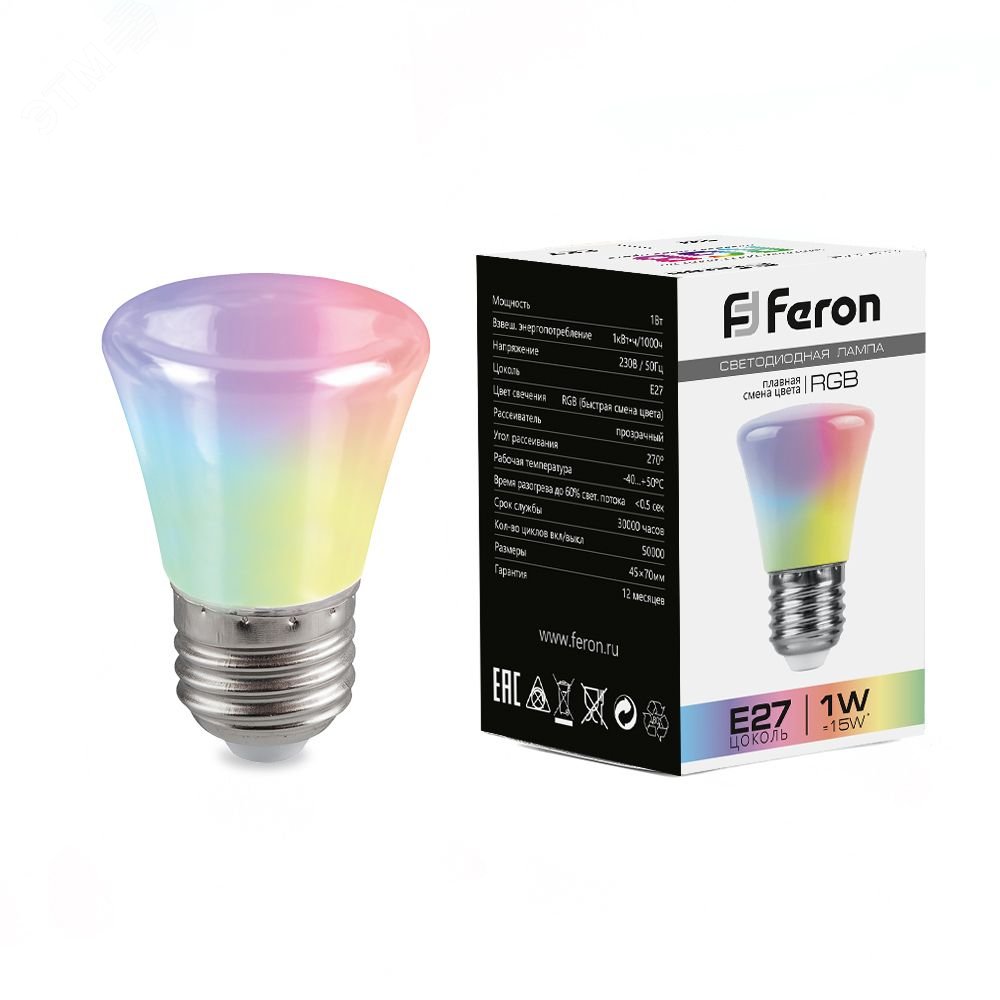 Лампа светодиодная LED 1вт Е27 RGB быстрая смена цвета колокольчик LB-372 FERON - превью 2