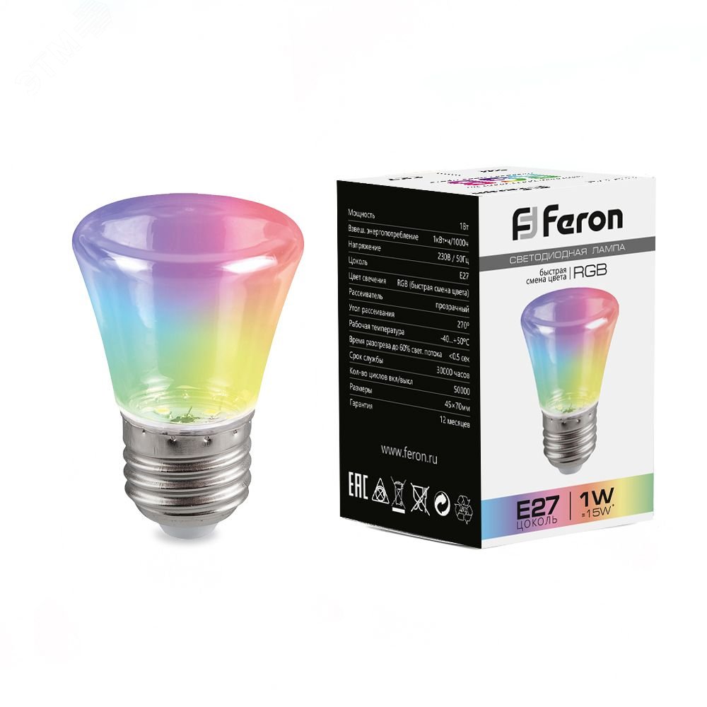 Лампа светодиодная LED 1вт Е27 прозрачный RGB быстрая смена цвета колокольчик LB-372 FERON - превью 2