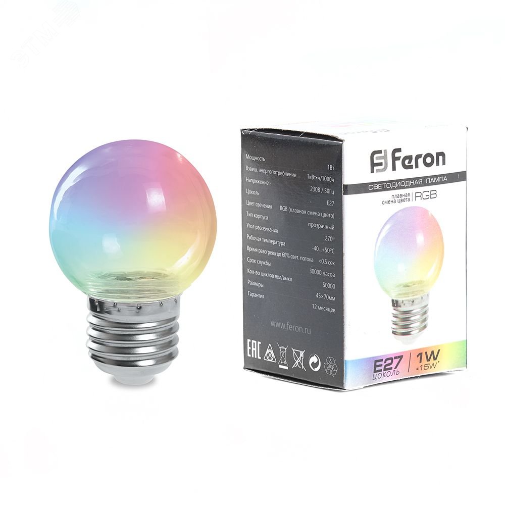 Лампа светодиодная LED 1вт Е27 RGB прозрачный плавная смена цвета шар LB-37 FERON - превью 2