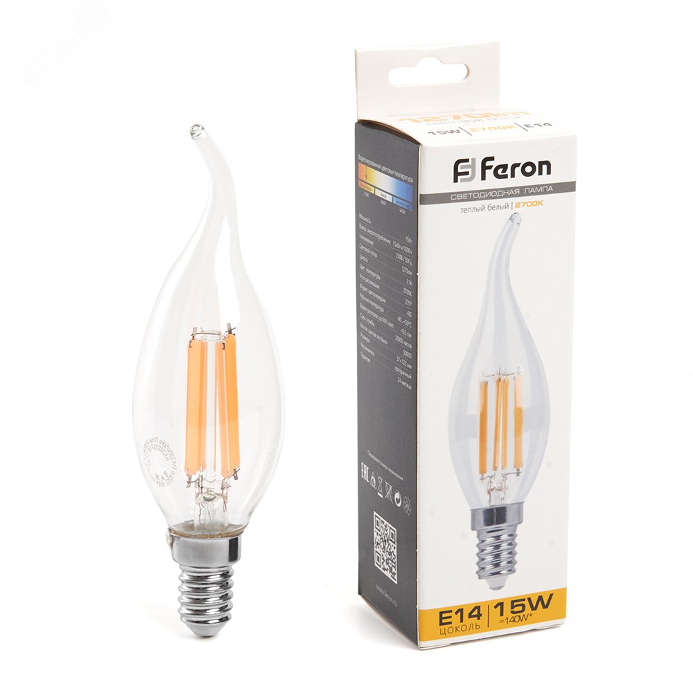 Лампа светодиодная LED 15вт Е14 теплый свеча на ветру FILAMENT LB-718 38261 FERON - превью
