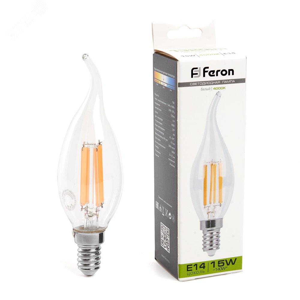 Лампа светодиодная LED 15вт Е14 белый свеча на ветру FILAMENT LB-718 38263 FERON - превью