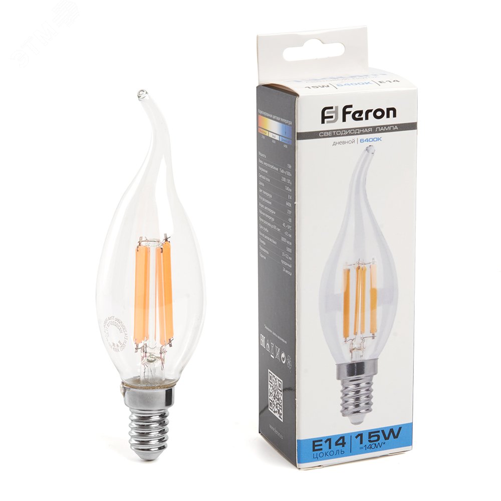 Лампа светодиодная LED 15вт Е14 дневной свеча на ветру FILAMENT LB-718 38264 FERON - превью
