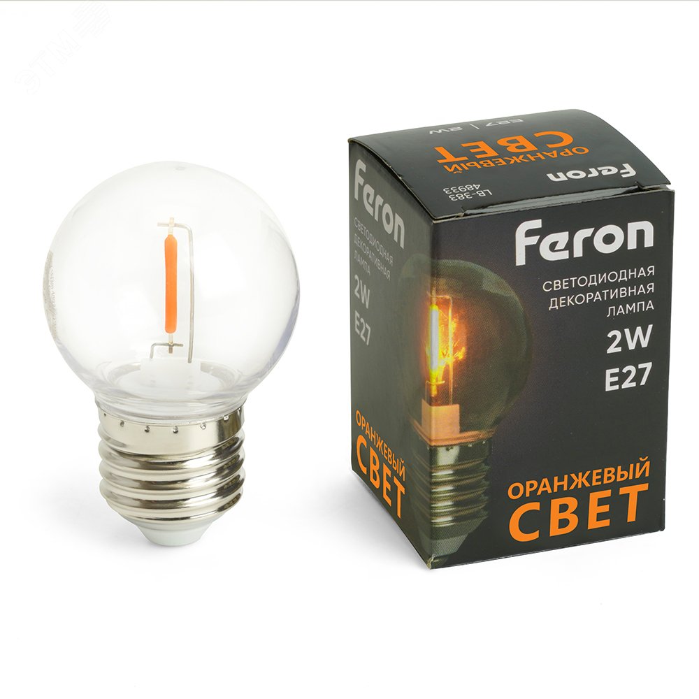 Лампа светодиодная LED 2вт Е27 оранжевый шар филамент LB-383 48932 FERON - превью 2