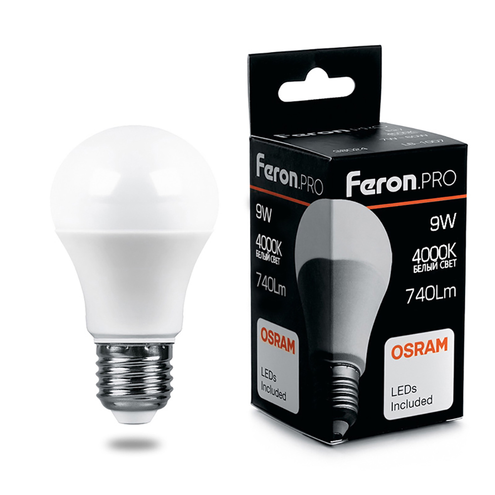 Лампа светодиодная LED 9вт Е27 белый .PRO