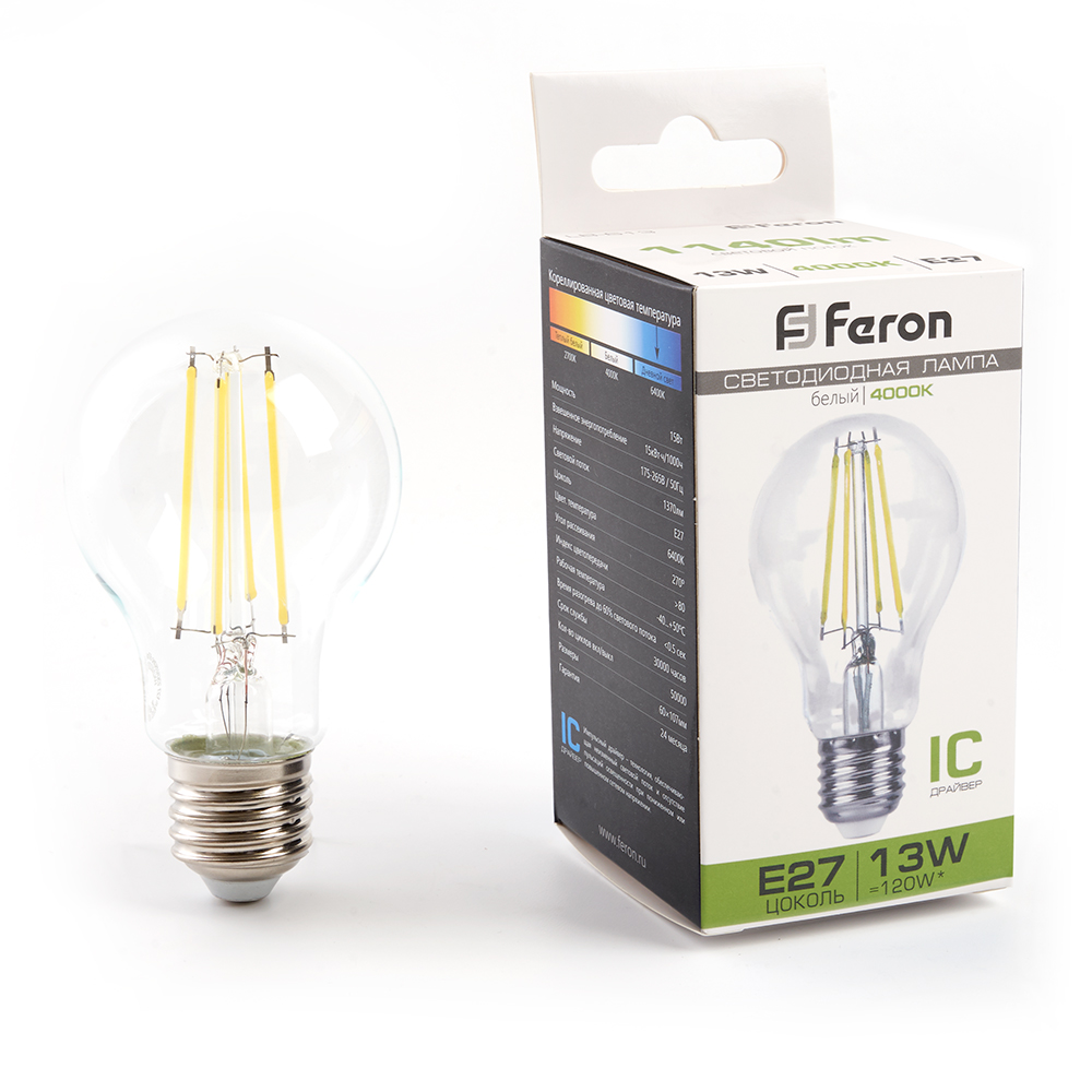 Лампа светодиодная LED 13вт Е27 белый FILAMENT
