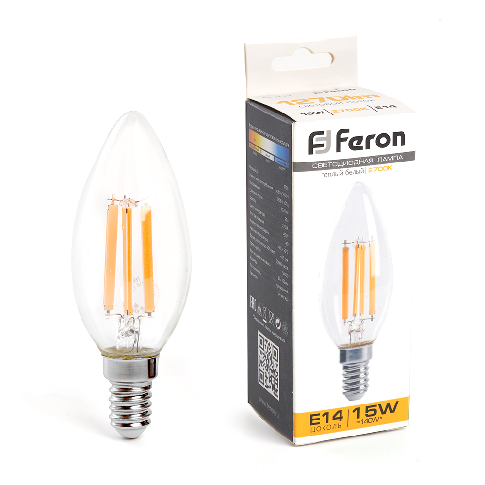Лампа светодиодная LED 15вт Е14 теплый свеча FILAMENT