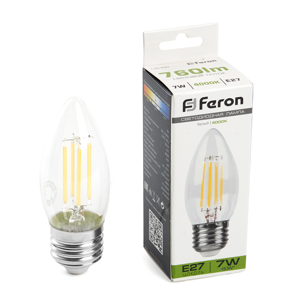 Лампа светодиодная LED 7вт Е27 белый свеча FILAMENT