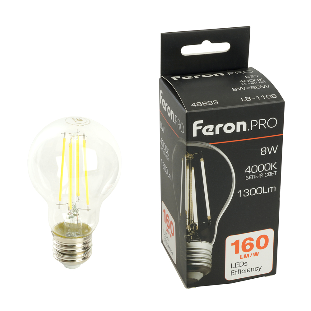 Лампа светодиодная LED 8вт Е27 белый FILAMENT .PRO