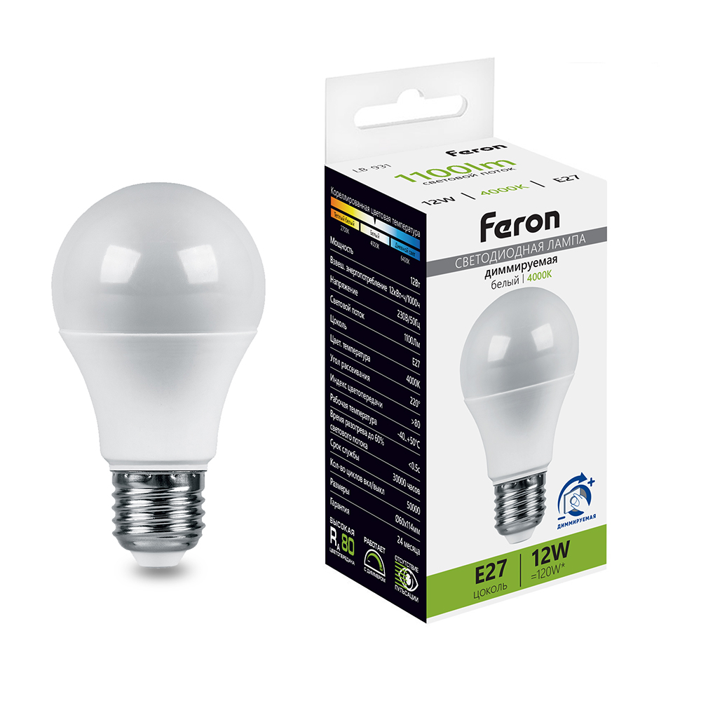 Лампа светодиодная LED 12вт Е27 белый диммируемая