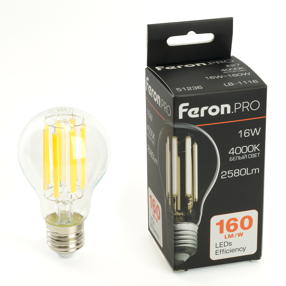 Лампа светодиодная LED 16вт Е27 белый FILAMENT .PRO