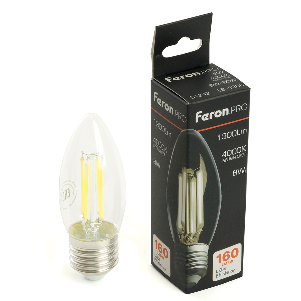Лампа светодиодная LED 8вт Е27 белый свеча FILAMENT .PRO