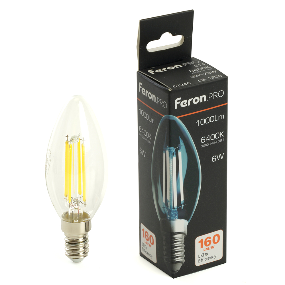 Лампа светодиодная LED 6вт Е14 дневной свеча FILAMENT .PRO